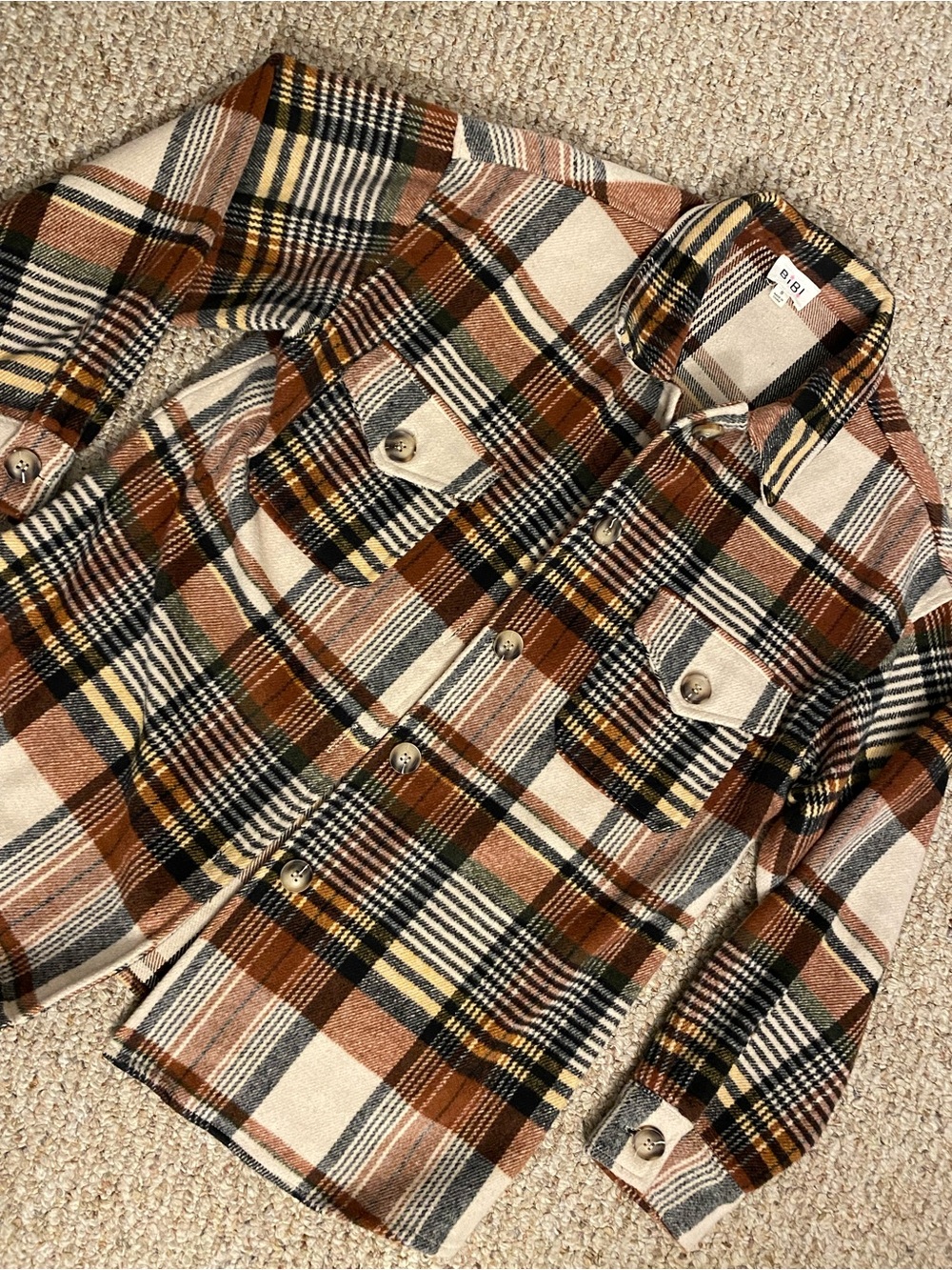 BiBi Plaid Button-Up Jacket in Brown, Cream
